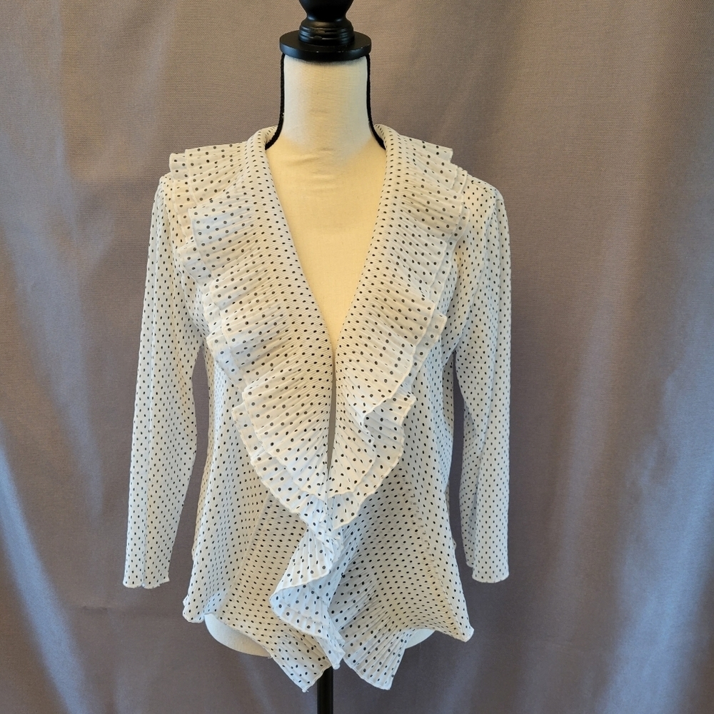 Caelian‎ Top Womens Medium Long Sleeve Blouse White Black Ruffled Tie